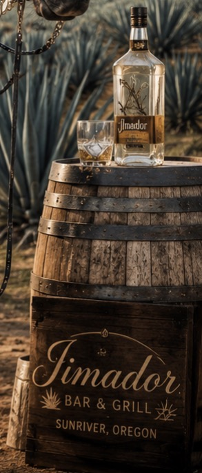 A Jimador Bar & Grill barrel and tequila bottle set among the blue agave fields of Sunriver, Oregon