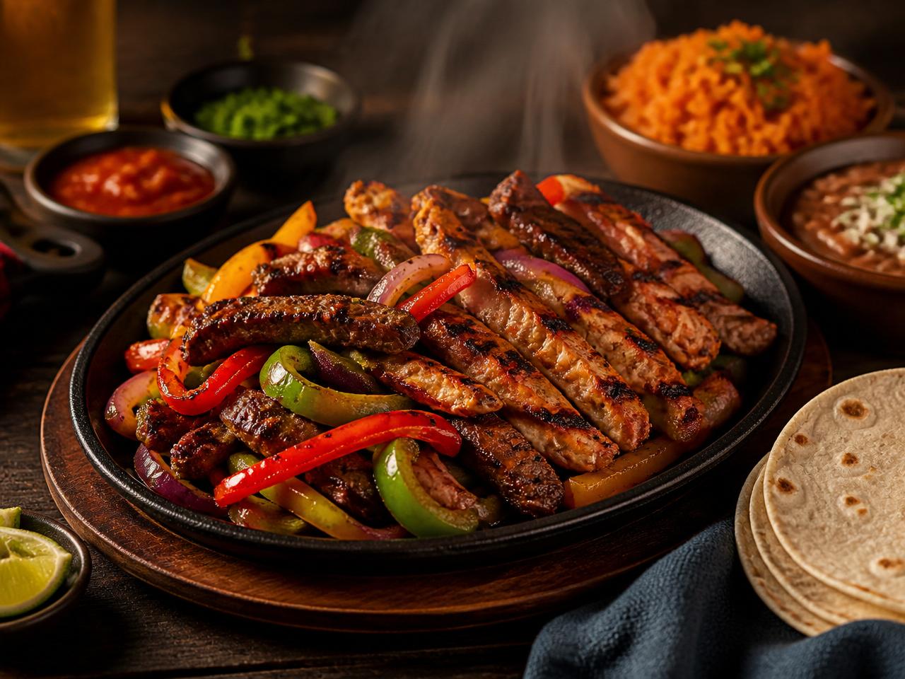 Fajitas for Two — sizzling chicken and beef fajitas with peppers, onions and warm tortillas