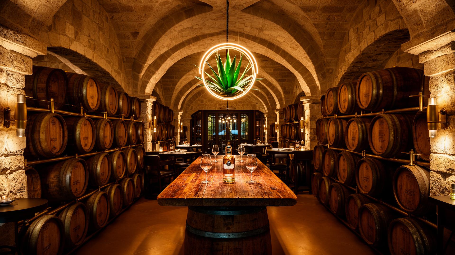 Luxury tequila heritage cellar with floor-to-ceiling oak barrels, stone arches, and a glowing agave sculpture