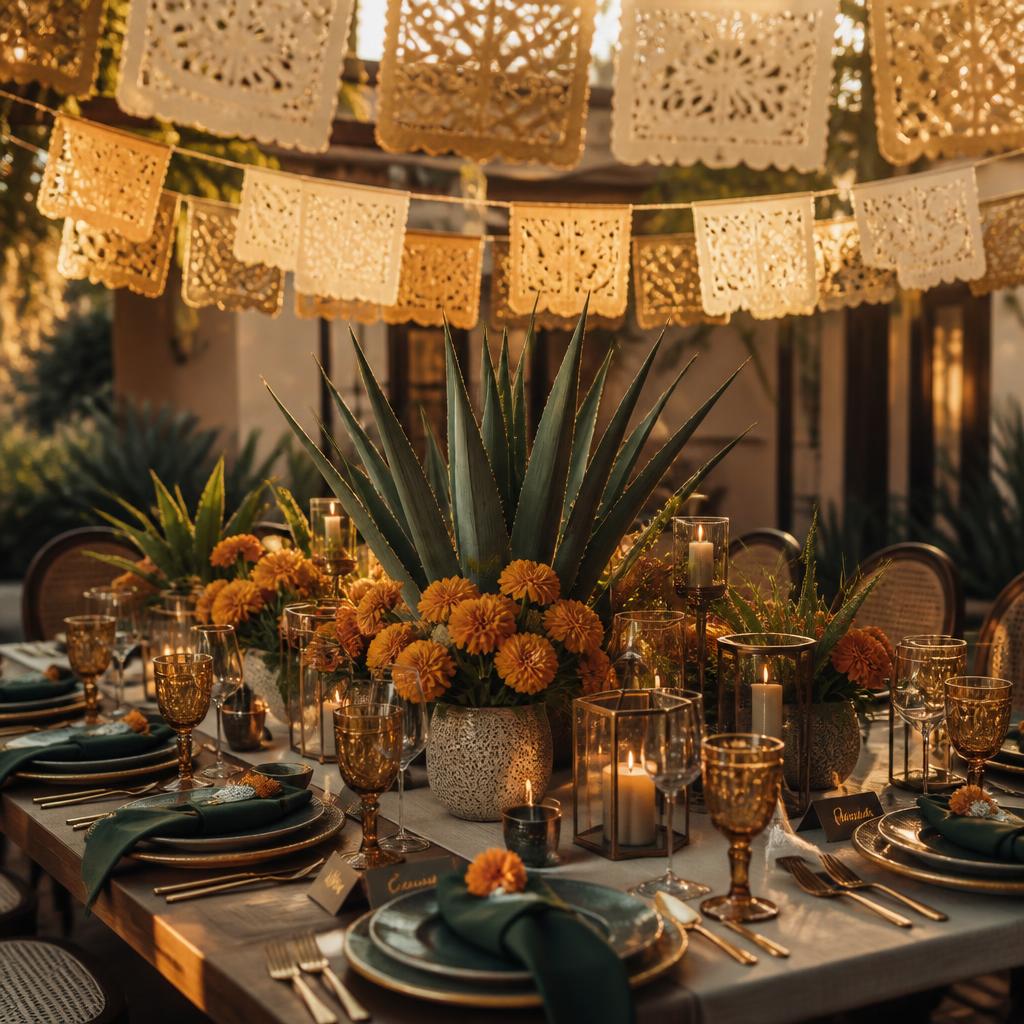 An elegant festive table with papel picado, marigolds, candles, and a blue agave centerpiece