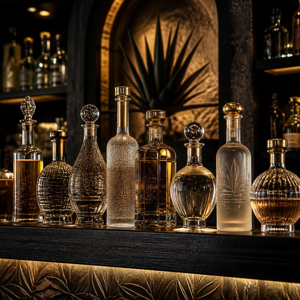 An elegant lineup of premium tequila bottles on a dark cantina bar